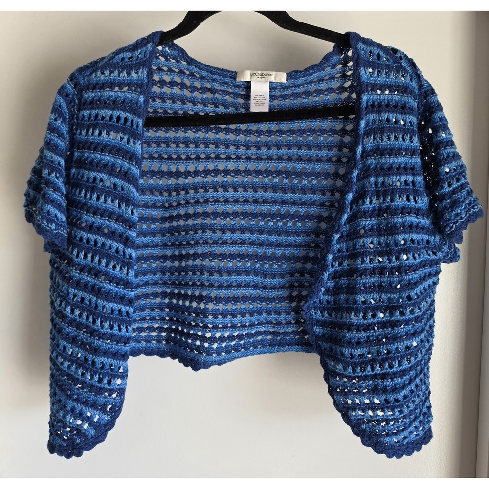 VTG Liz Claiborne New York Bolero Jacket Women L Blue Crochet Short Sleeve Boho